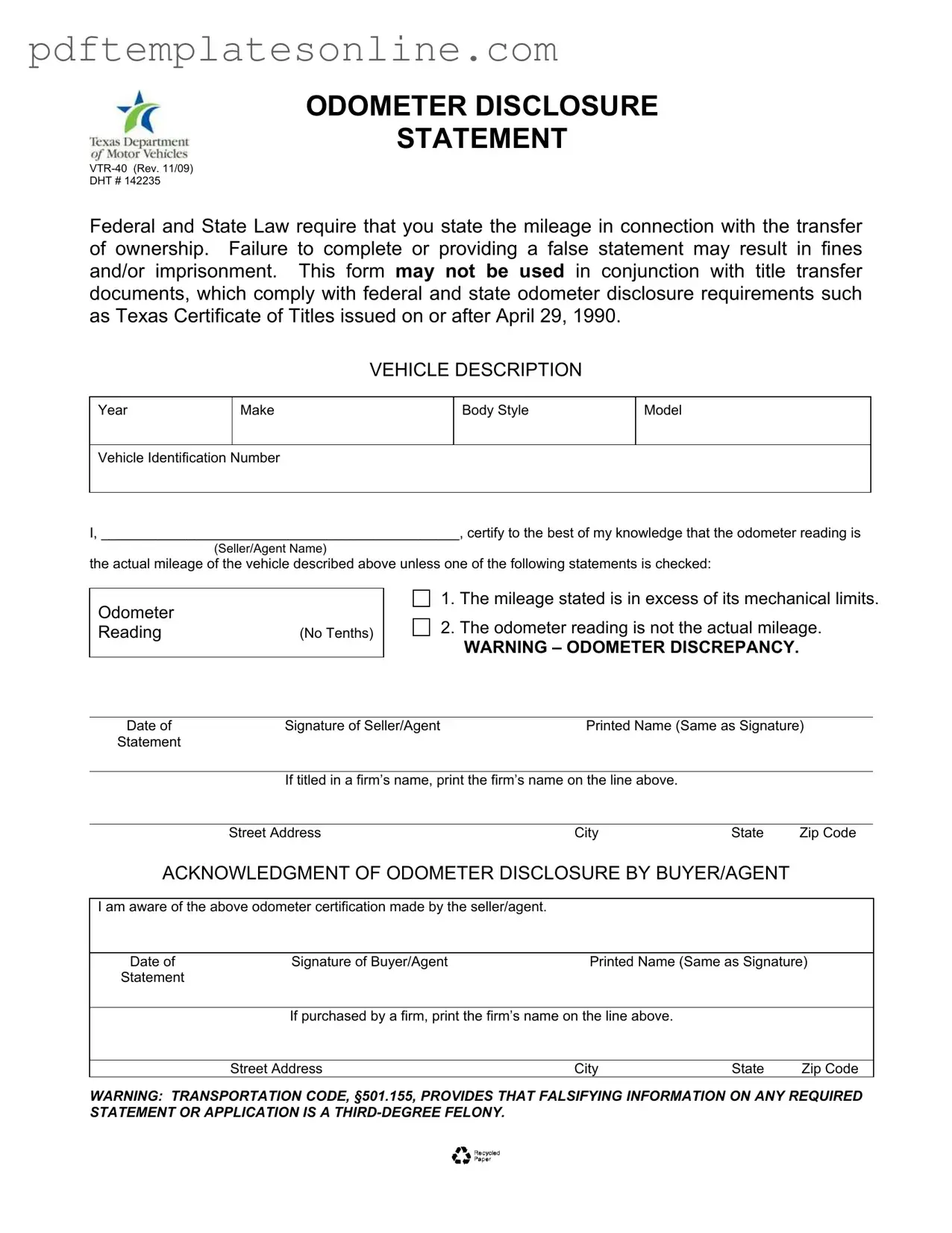 Blank Texas Odometer Statement Form