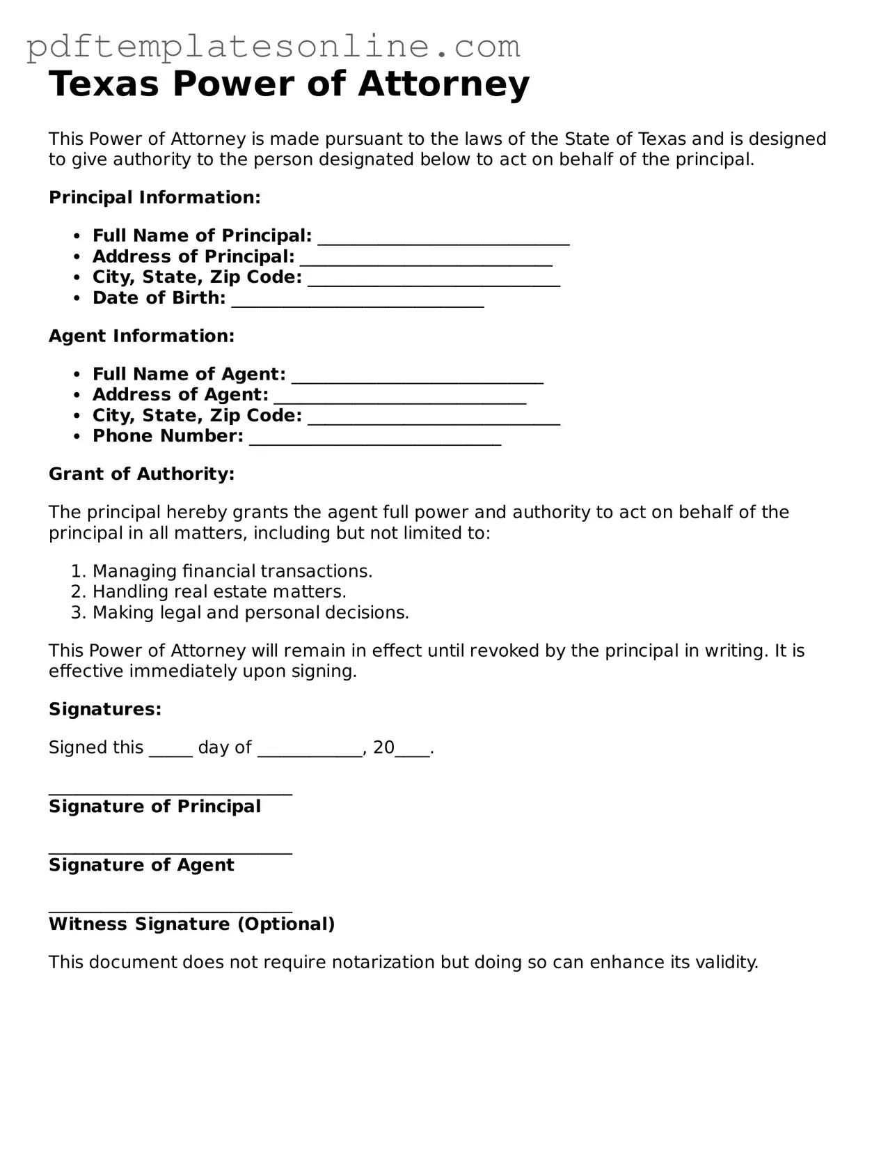 Official Texas Power of Attorney Document