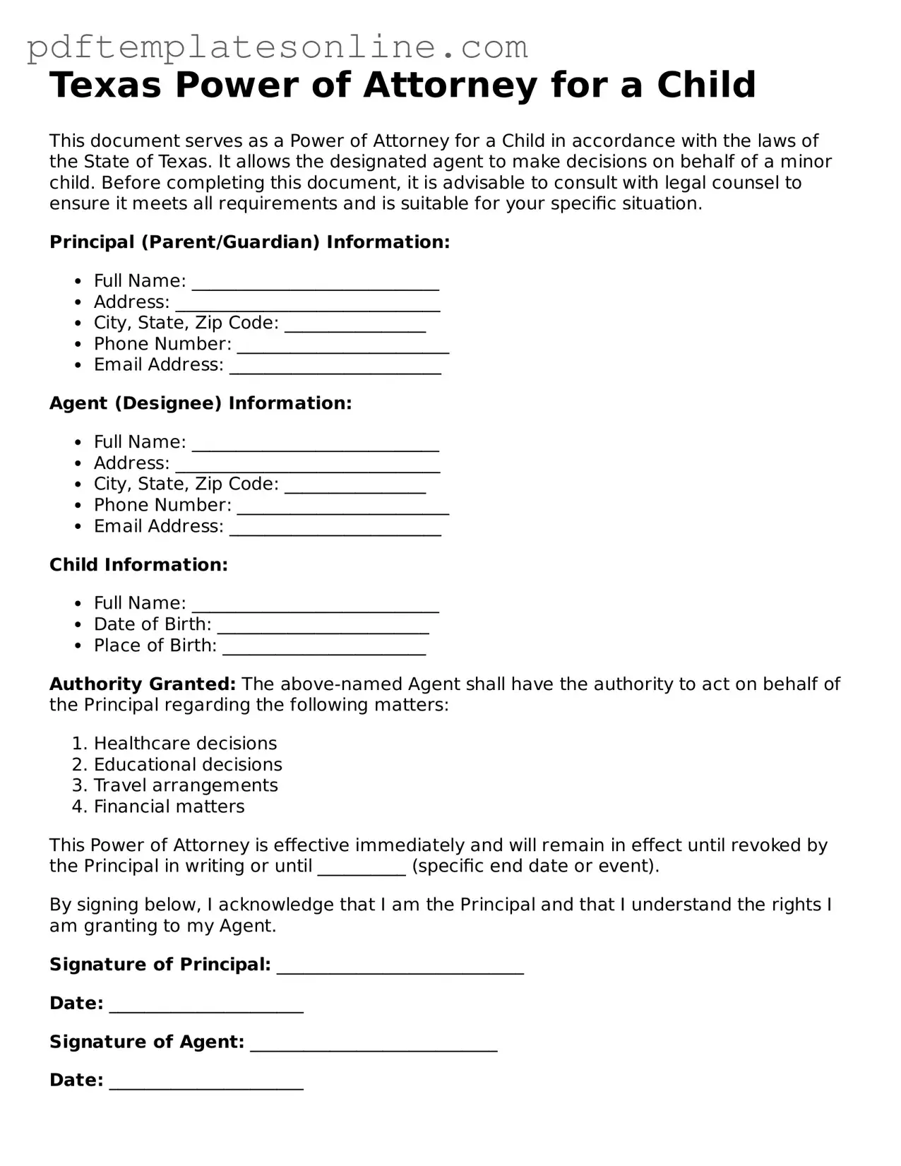 Official Texas Power of Attorney for a Child Document