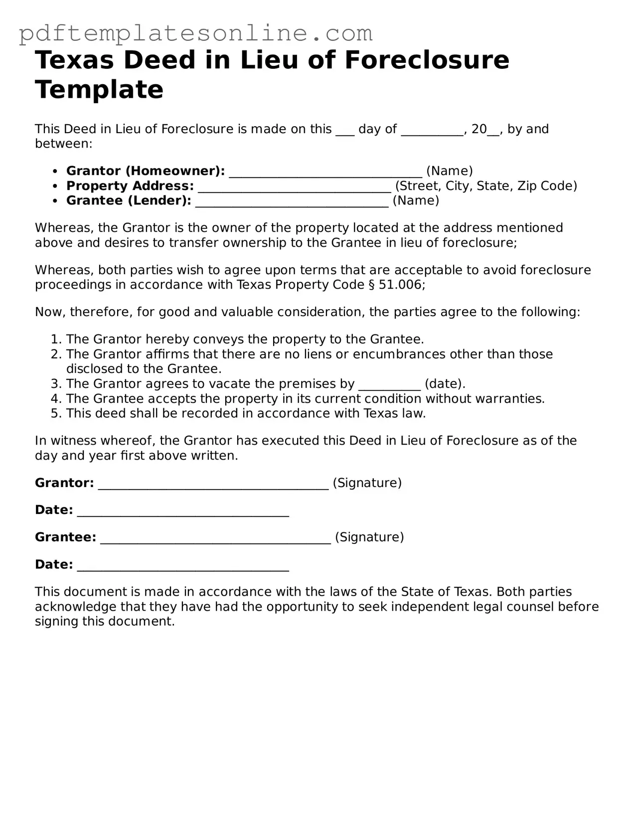 Official Texas Deed in Lieu of Foreclosure Document