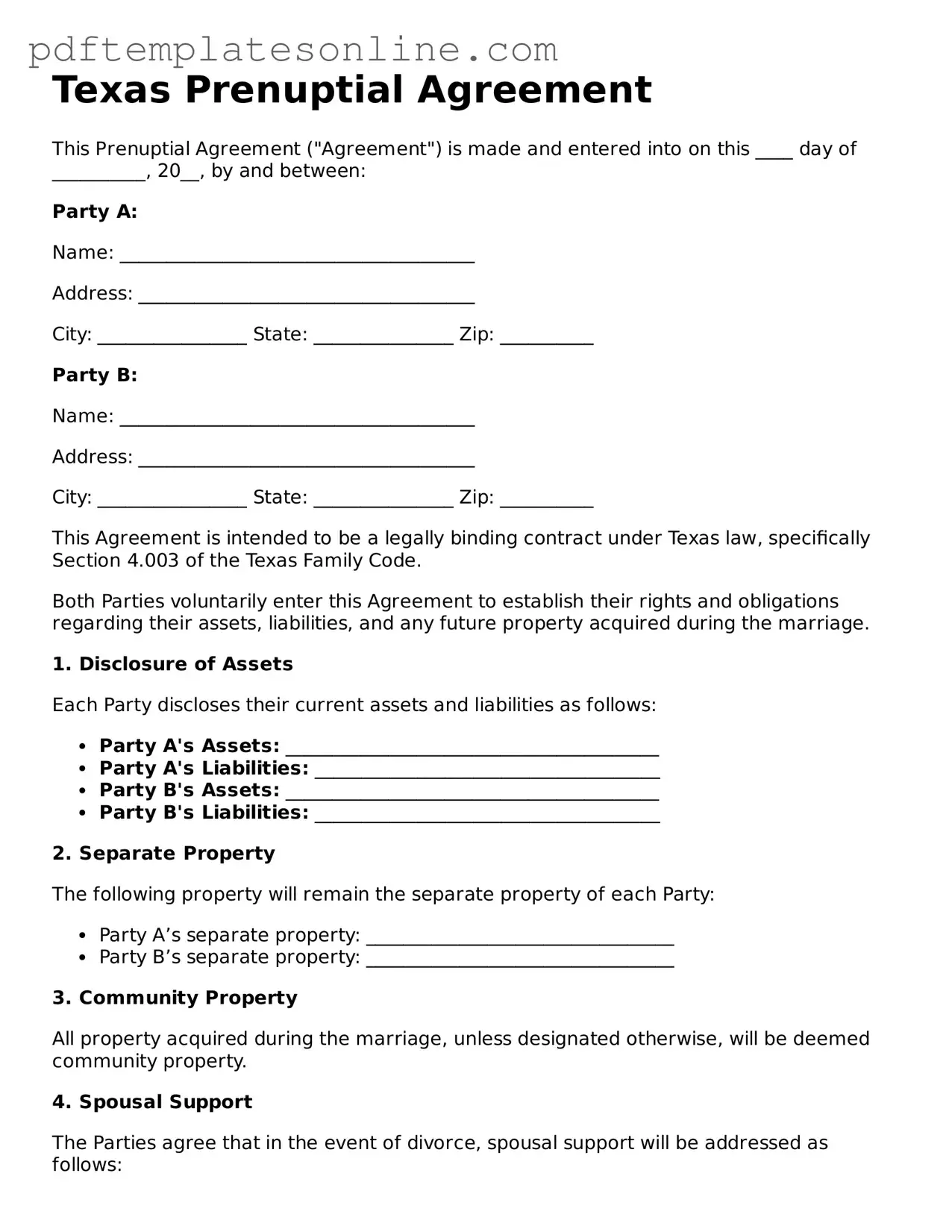 Official Texas Prenuptial Agreement Document