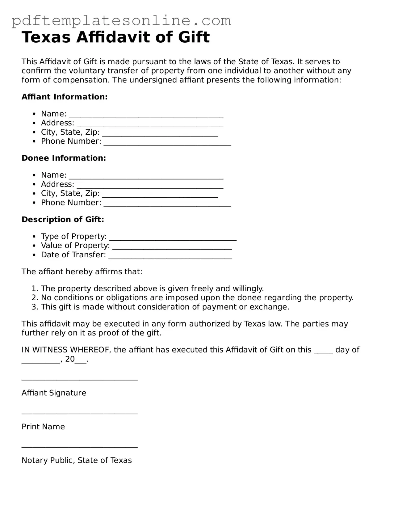Official Texas Affidavit of Gift Document