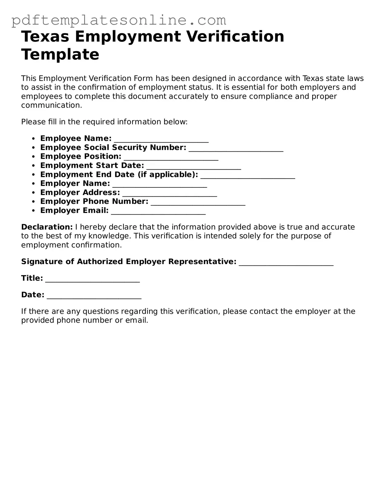 Official Texas Employment Verification Document