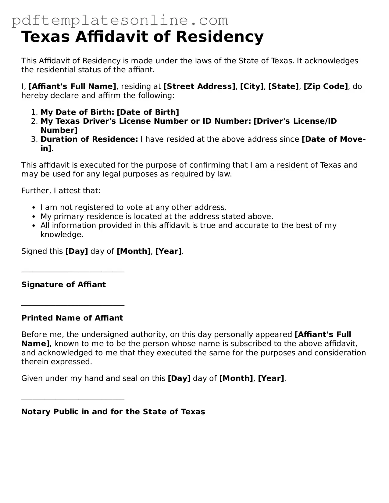 Official Texas Affidavit of Residency Document