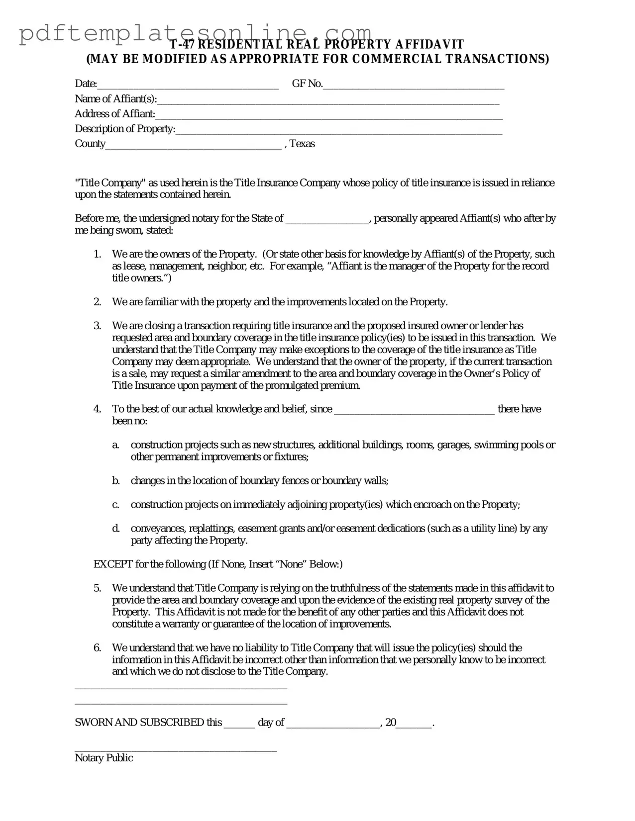 Blank Texas residential property affidavit T-47 Form