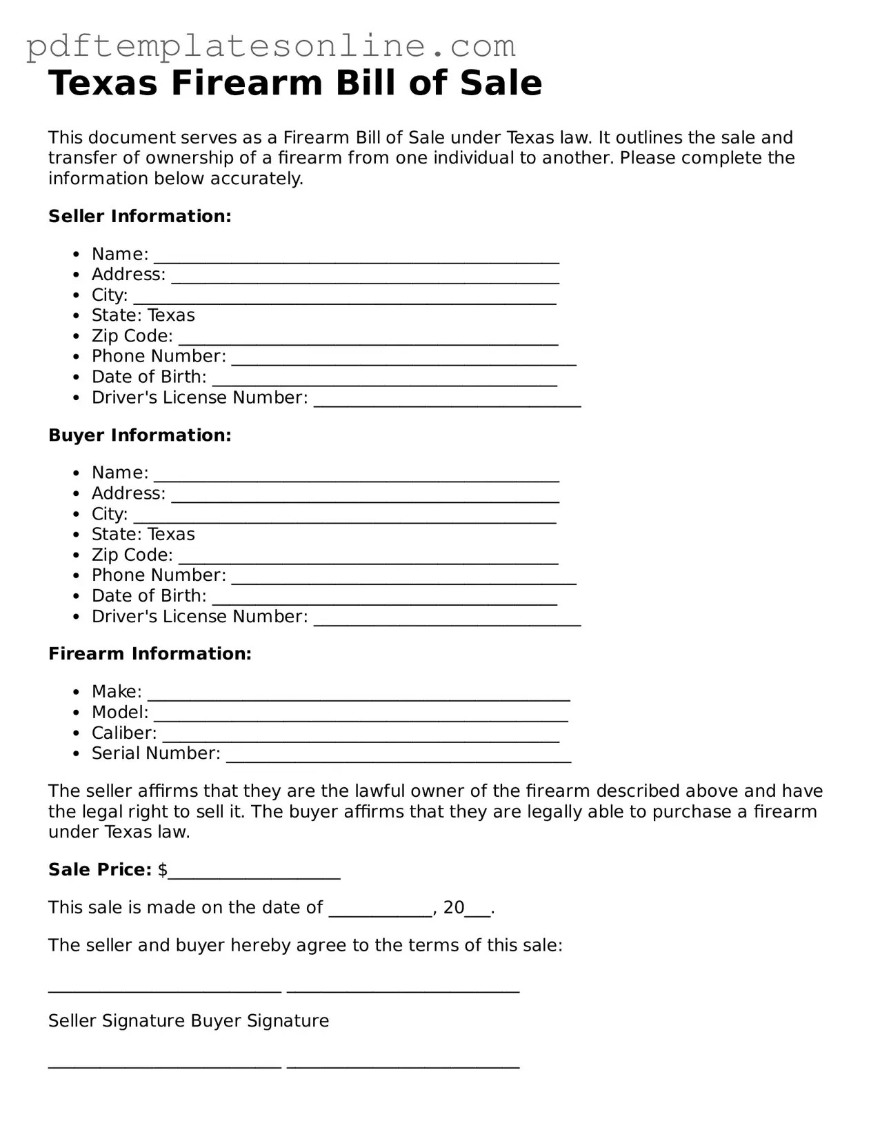 Official Texas Firearm Bill of Sale Document