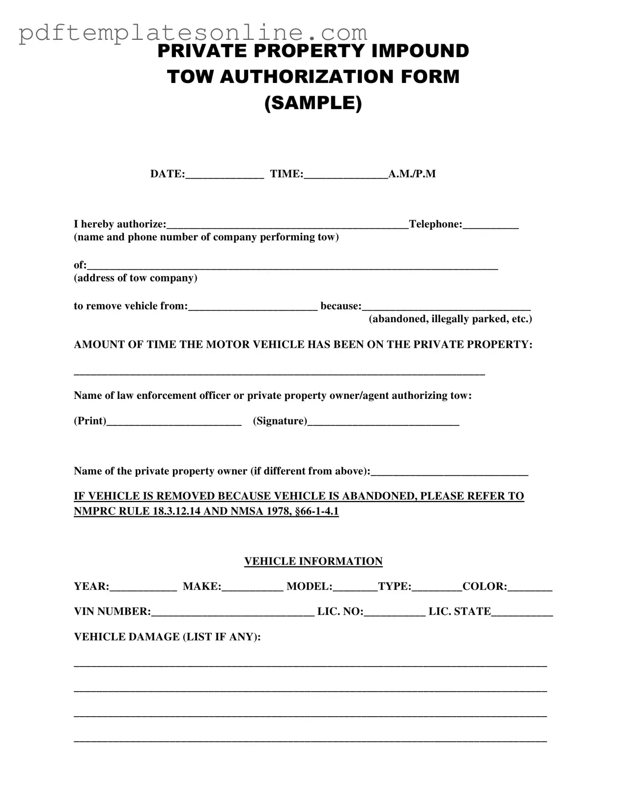 Blank Tow Authorization Form