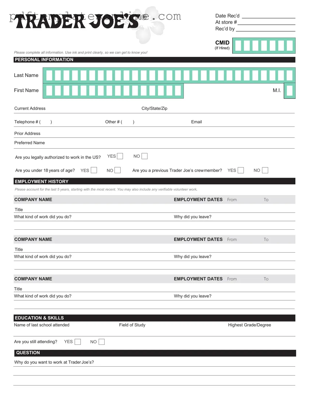 Blank Trader Joe's application Form