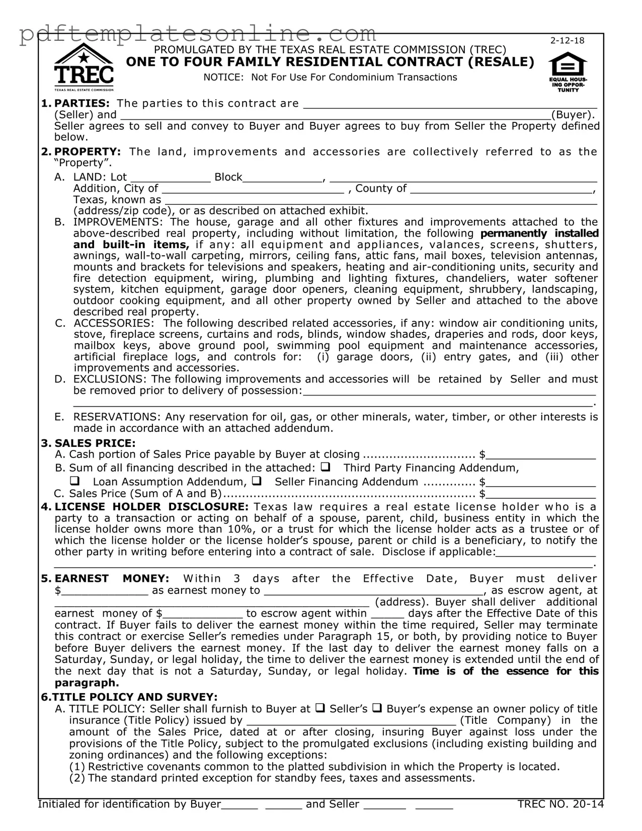 Blank TREC One to four family residential contract Form