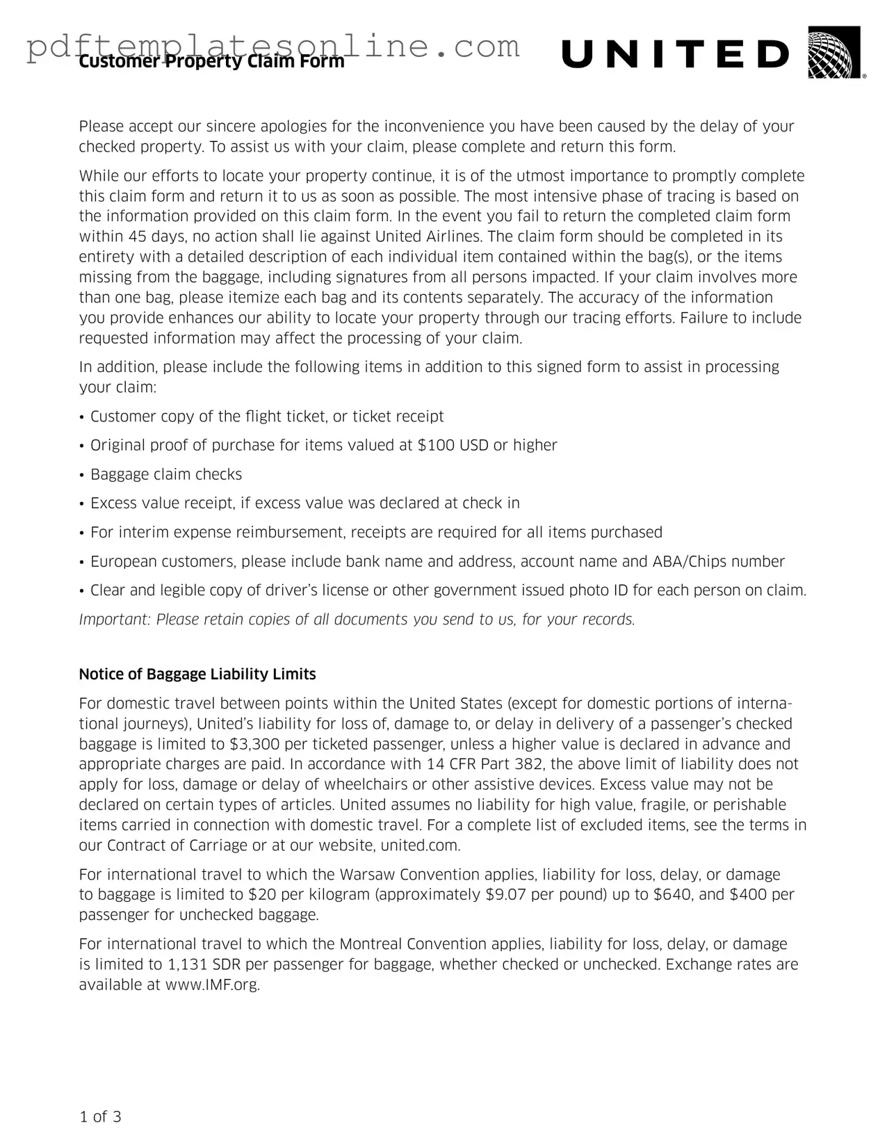 Blank United Airlines Form