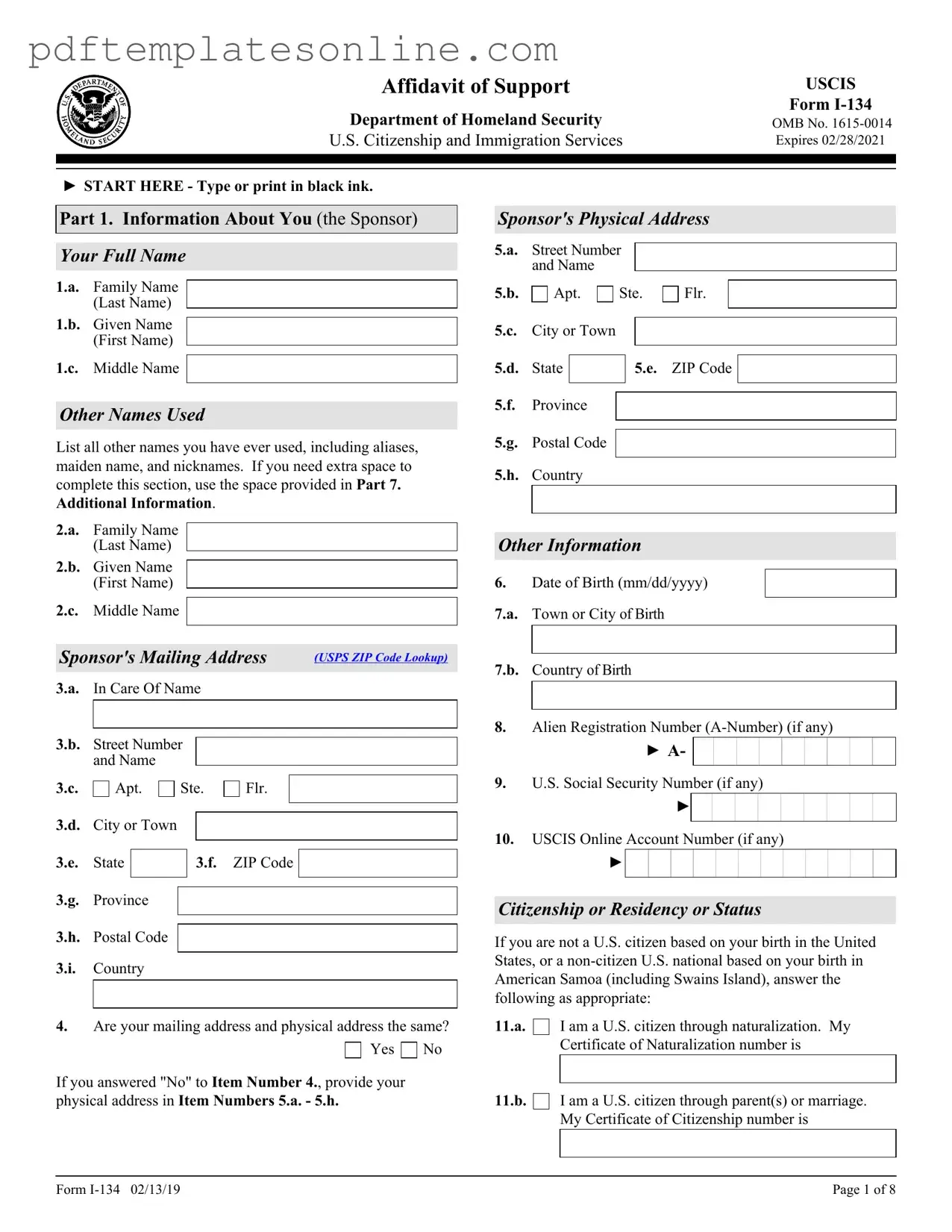 Blank USCIS I-134 Form