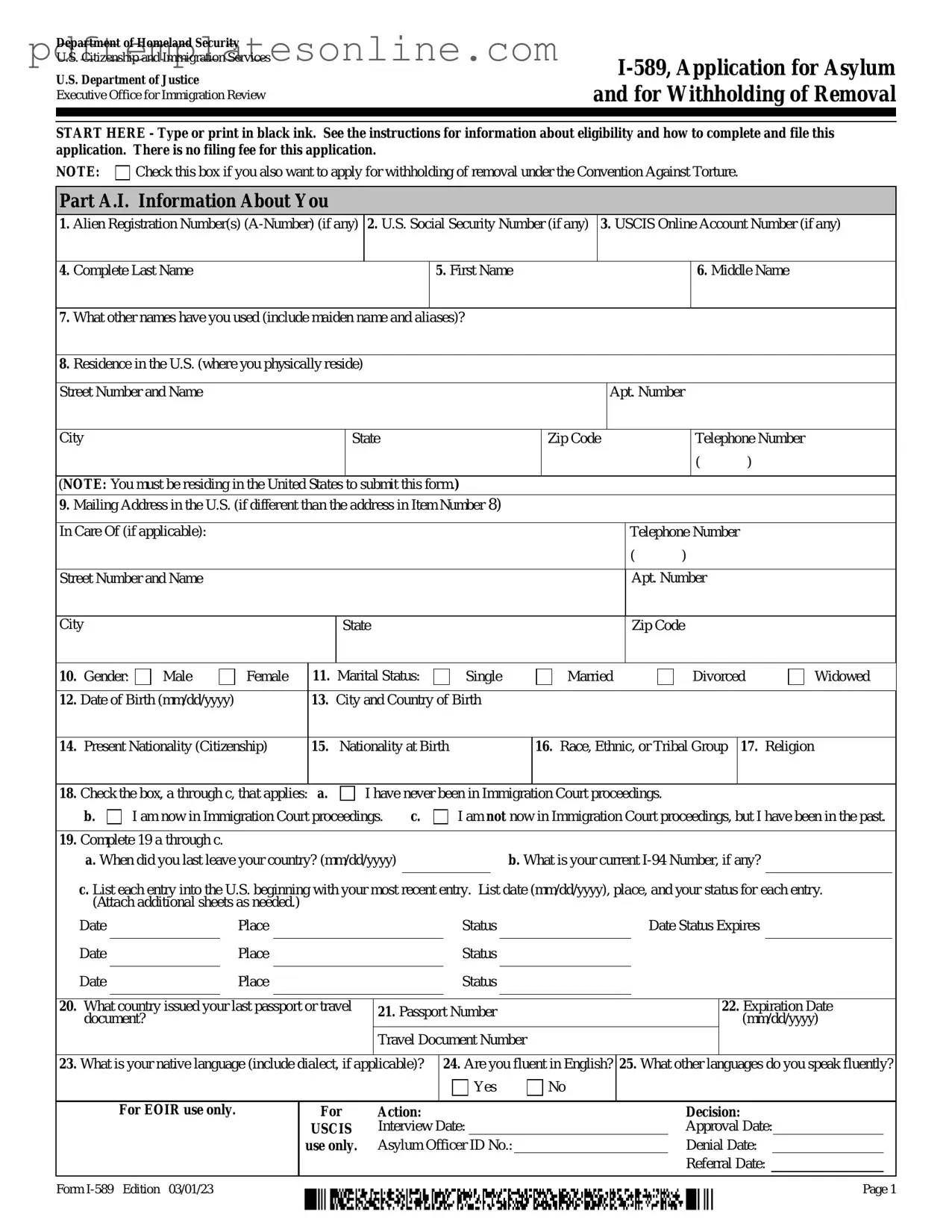 Blank USCIS I-589 Form