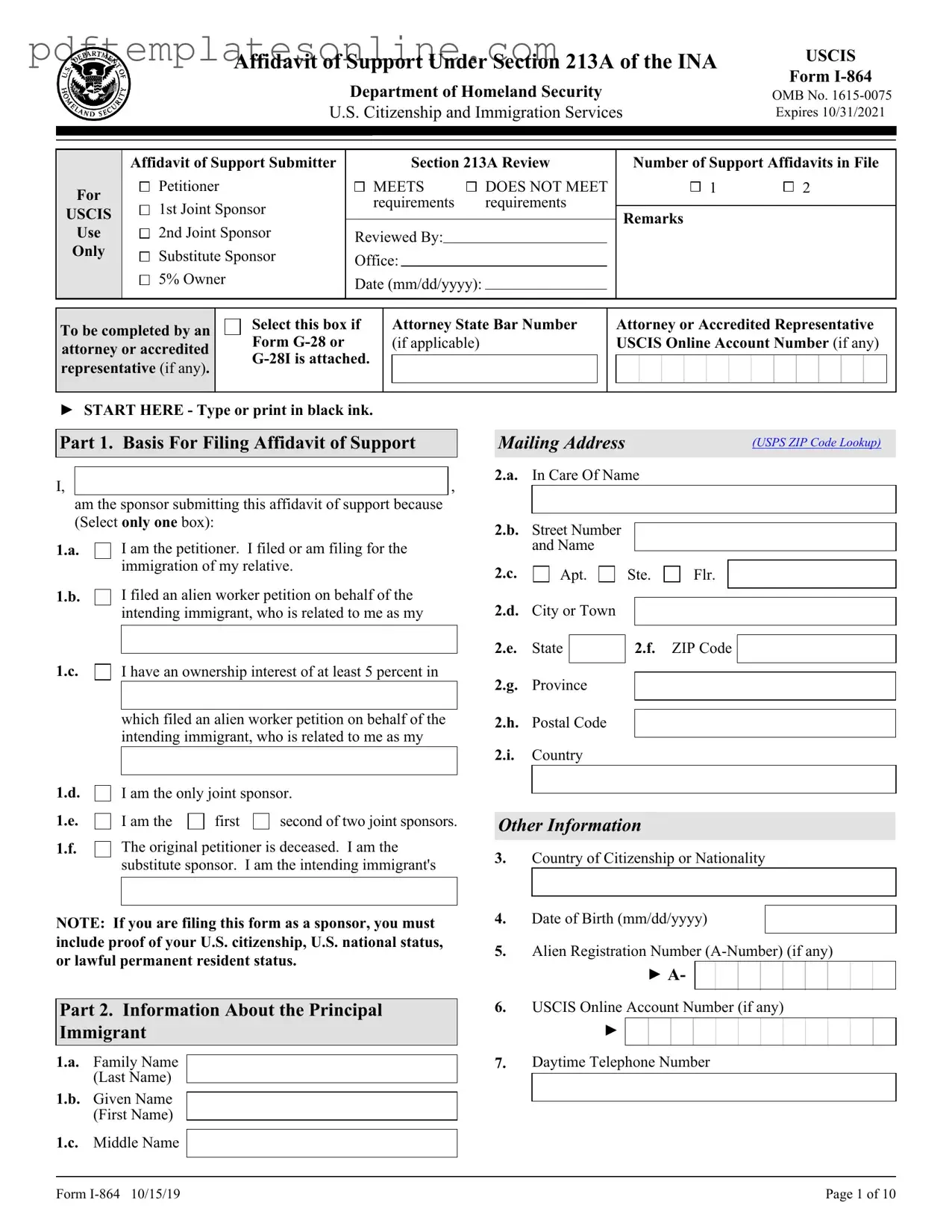 Blank USCIS I-864 Form