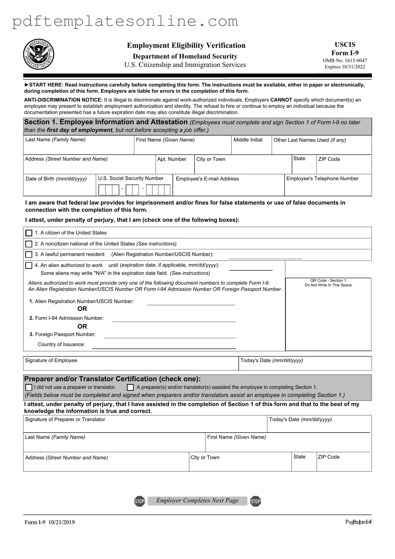 Blank USCIS I-9 Form