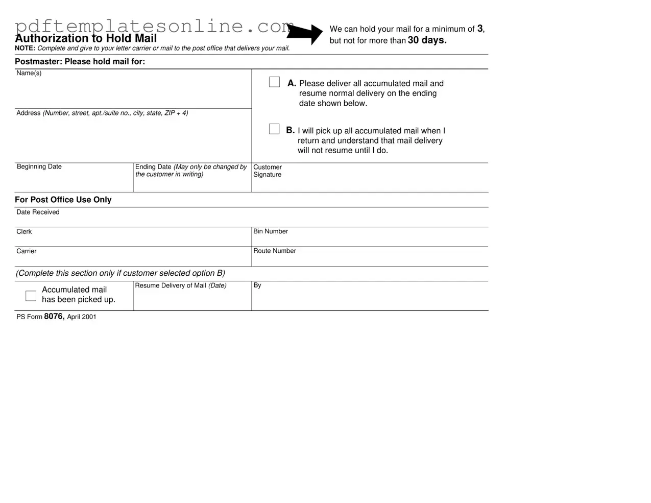 Blank Usps Hold Mail Request Form