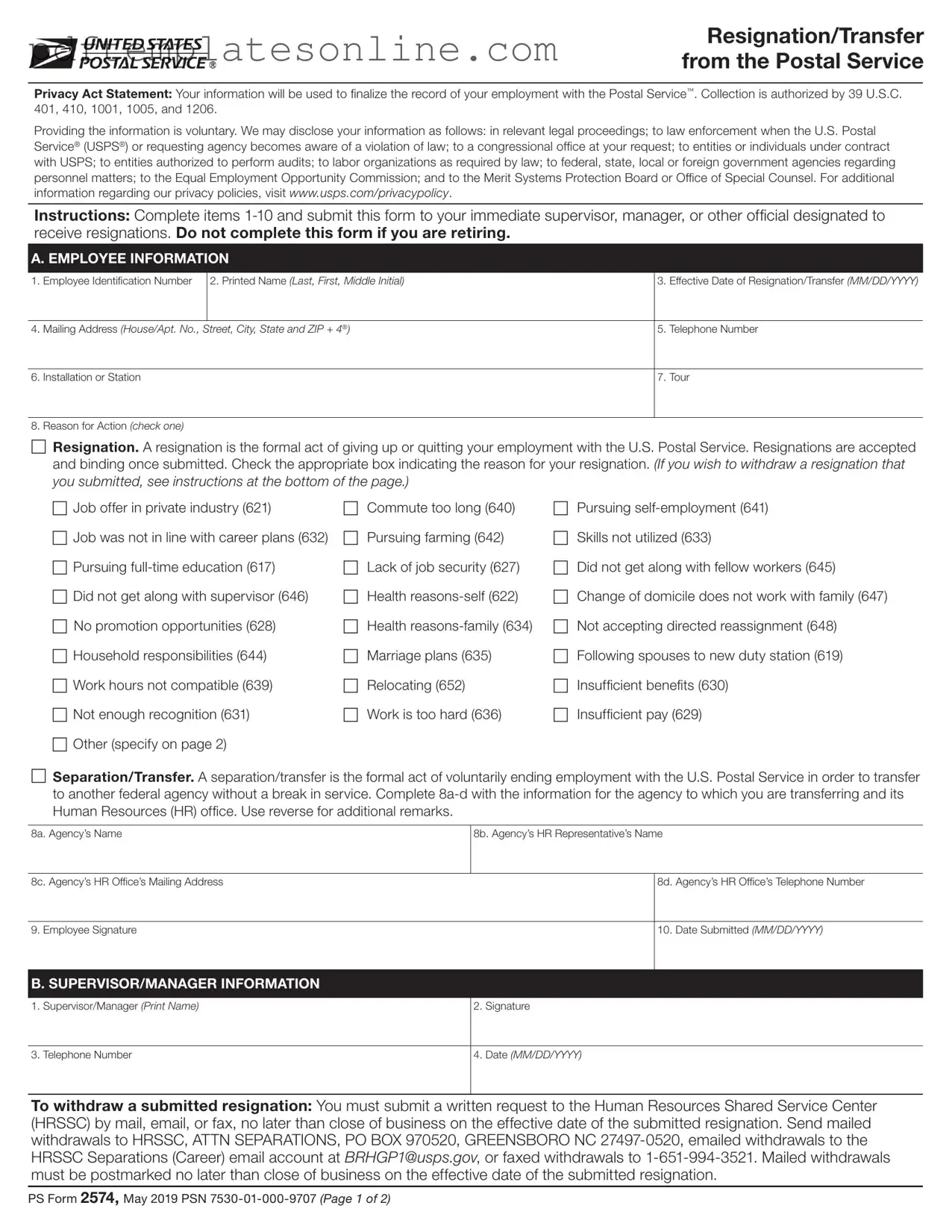 Blank Usps Resignation Form