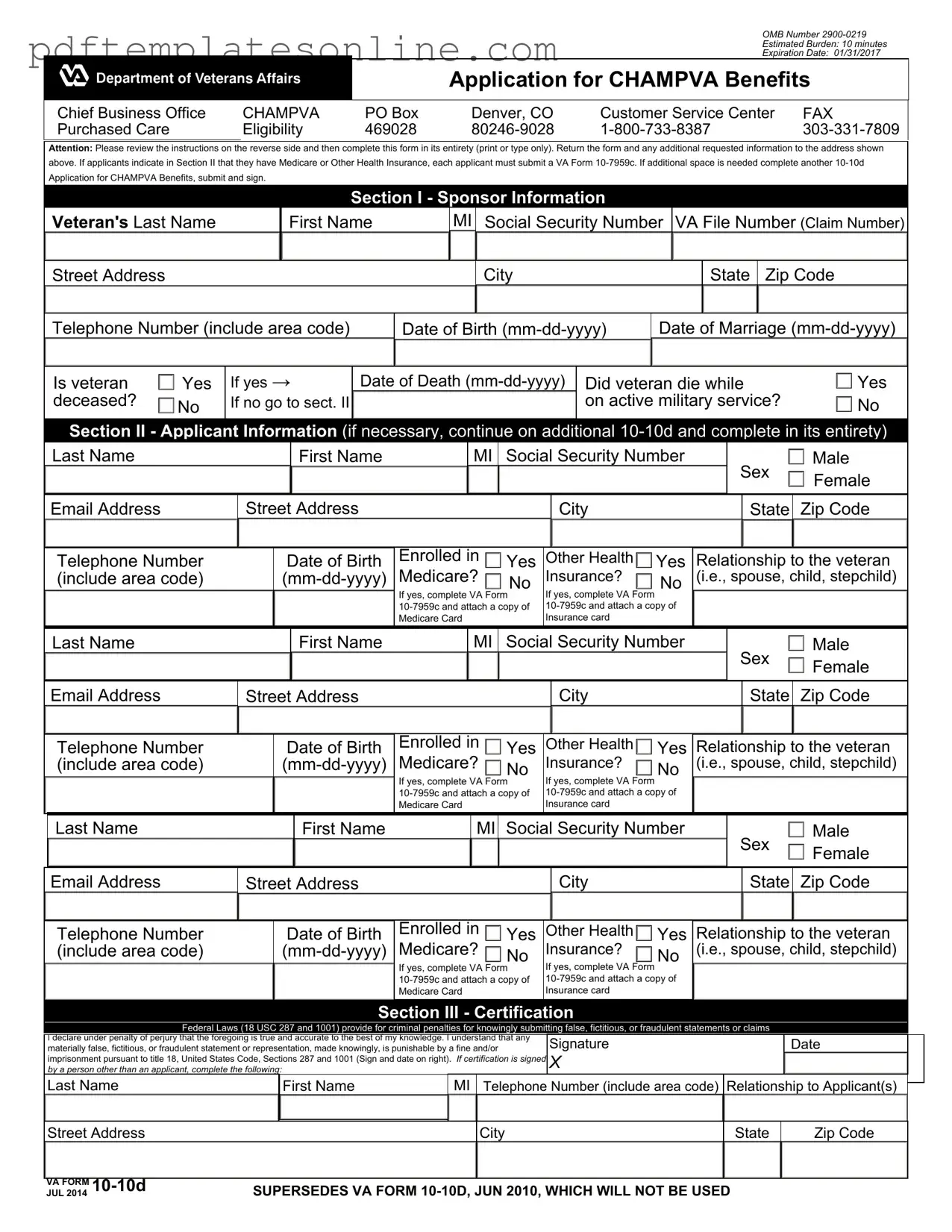 Blank Va 10 10D Form