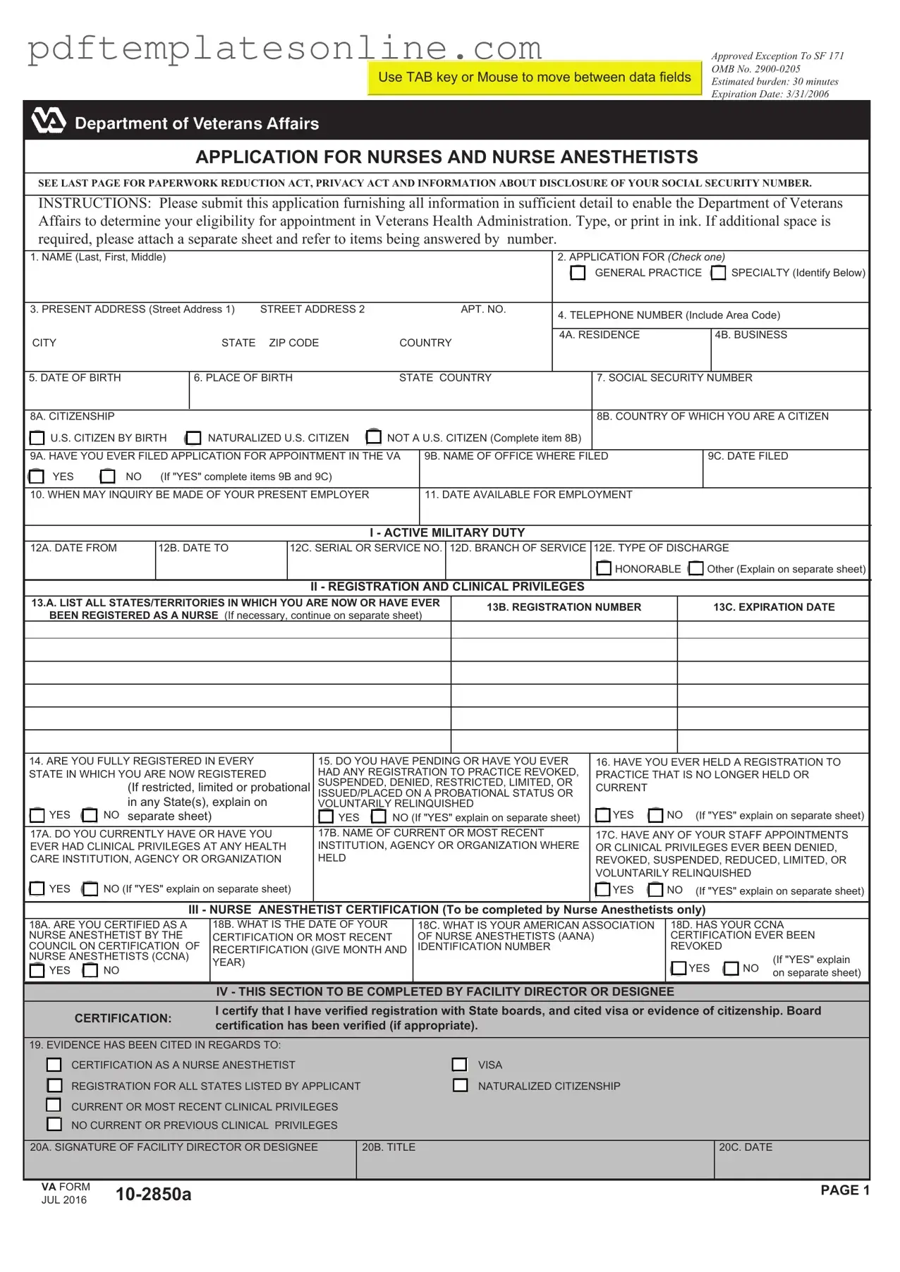 Blank VA 10-2850a Form