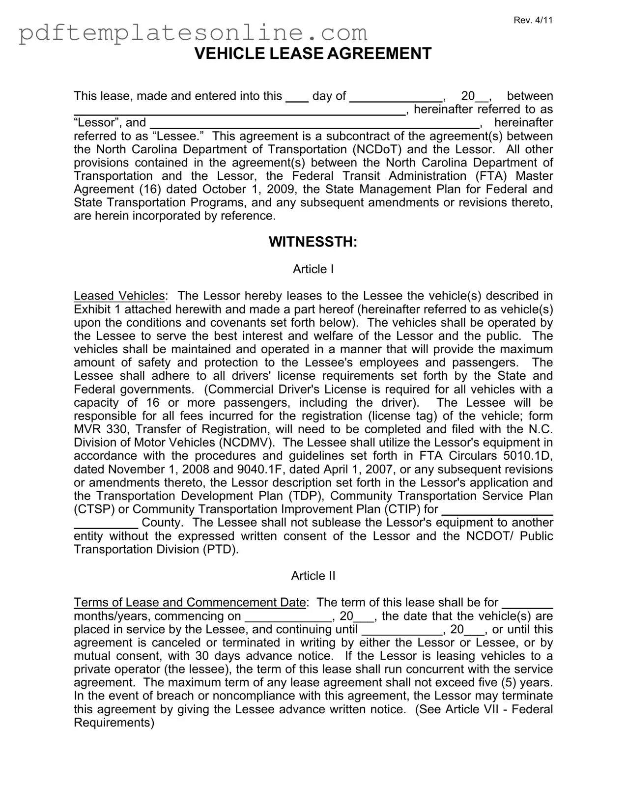 Blank Commercial Vehicle Lease Agreement Form