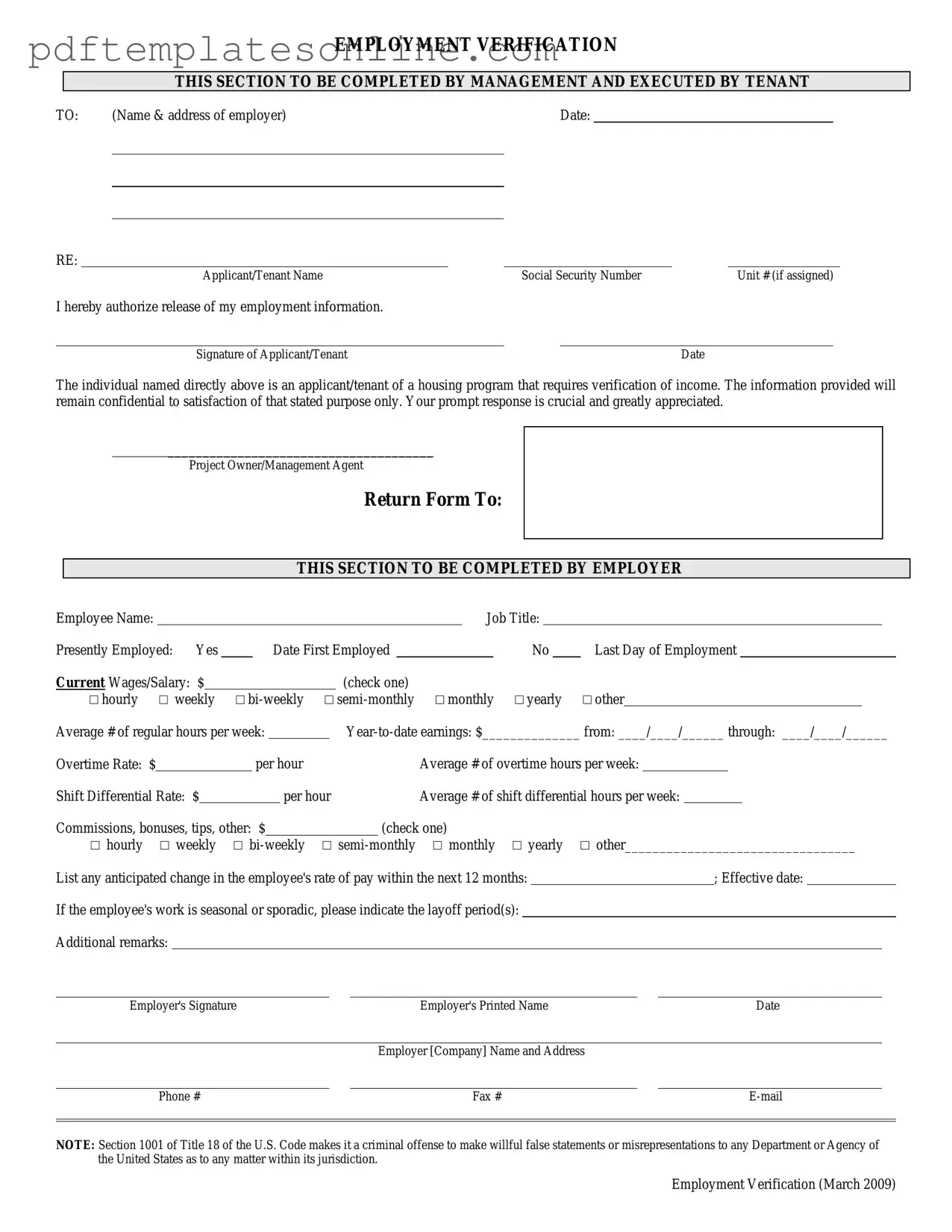 Blank Employment verification form Form