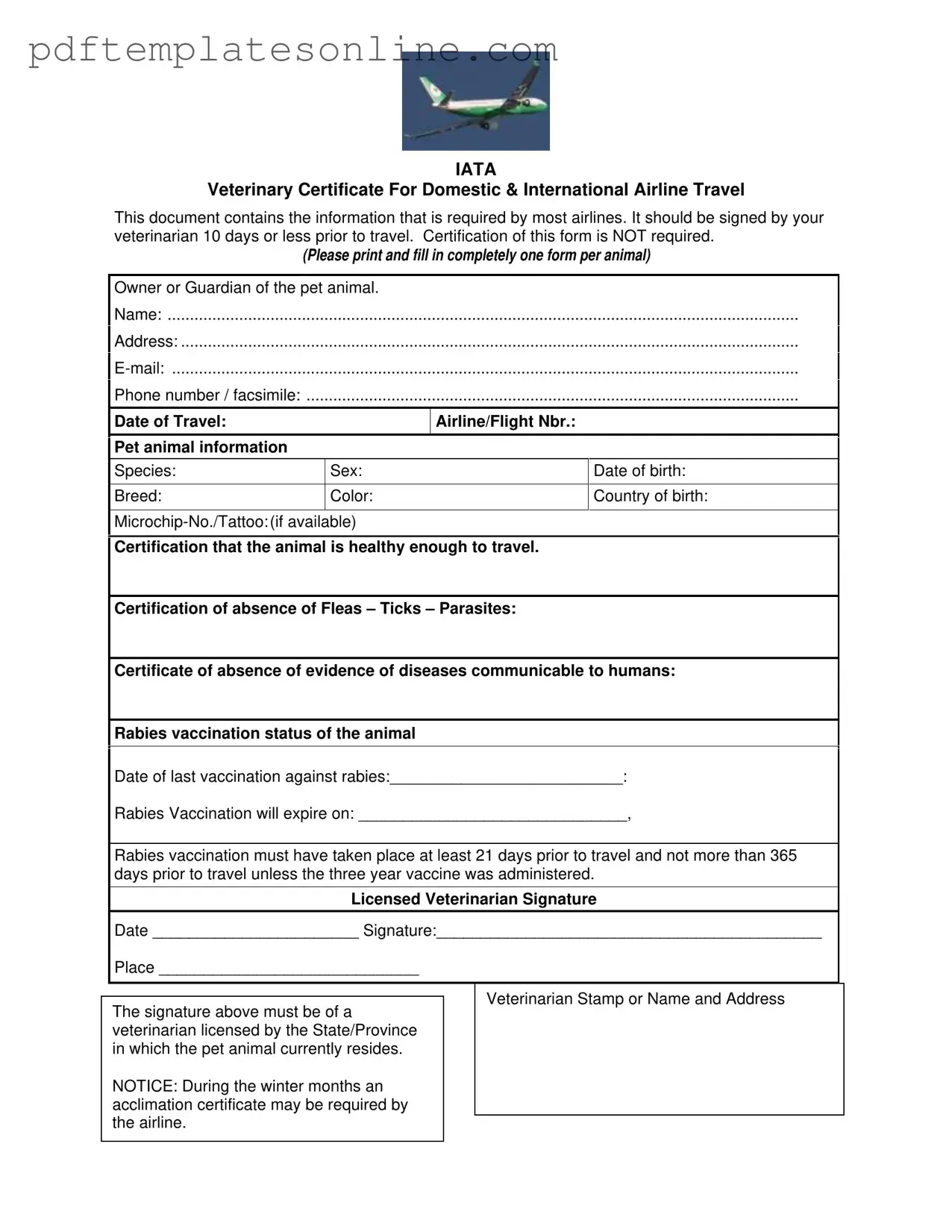 Blank Veterinary Certificate Travel Form