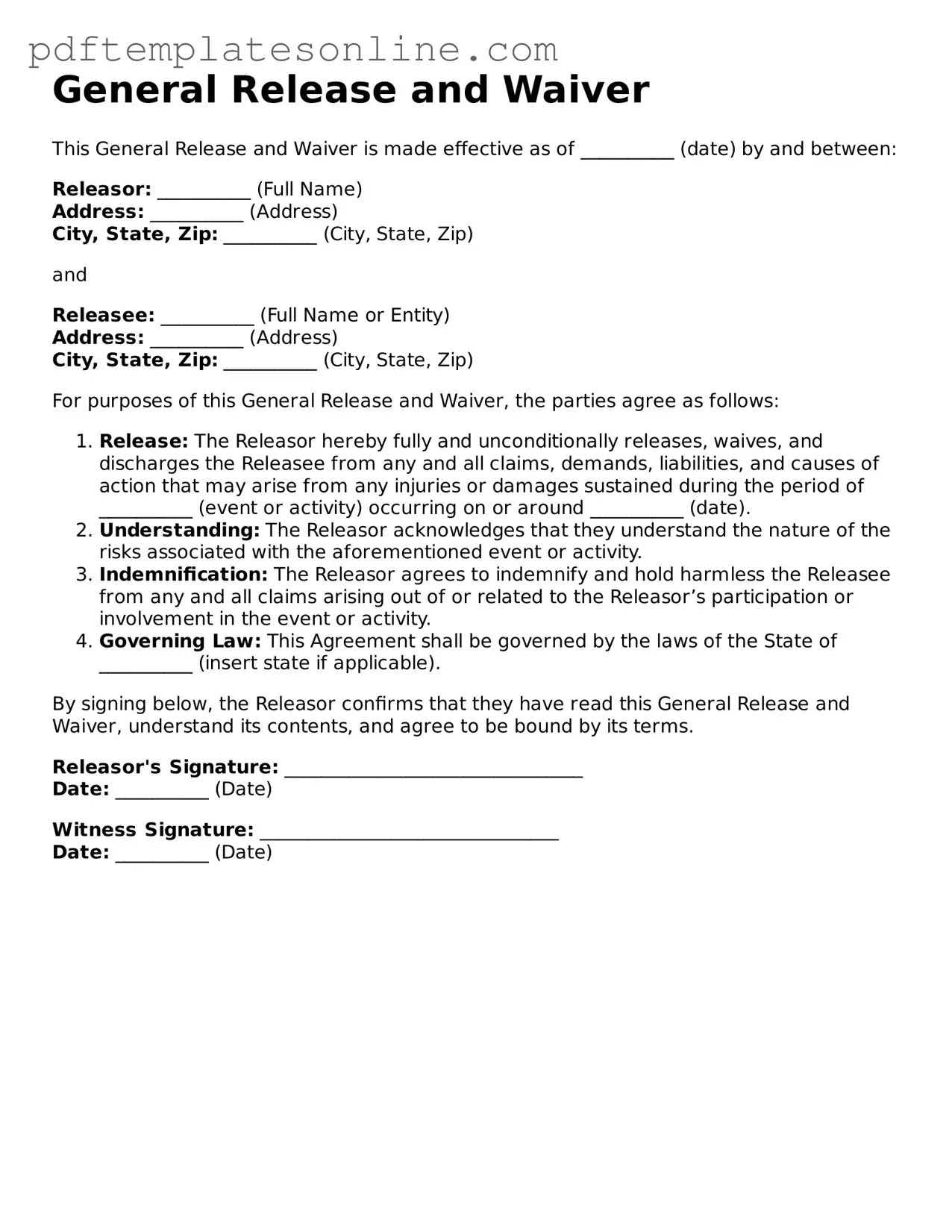 Fillable General Release and Waiver Document