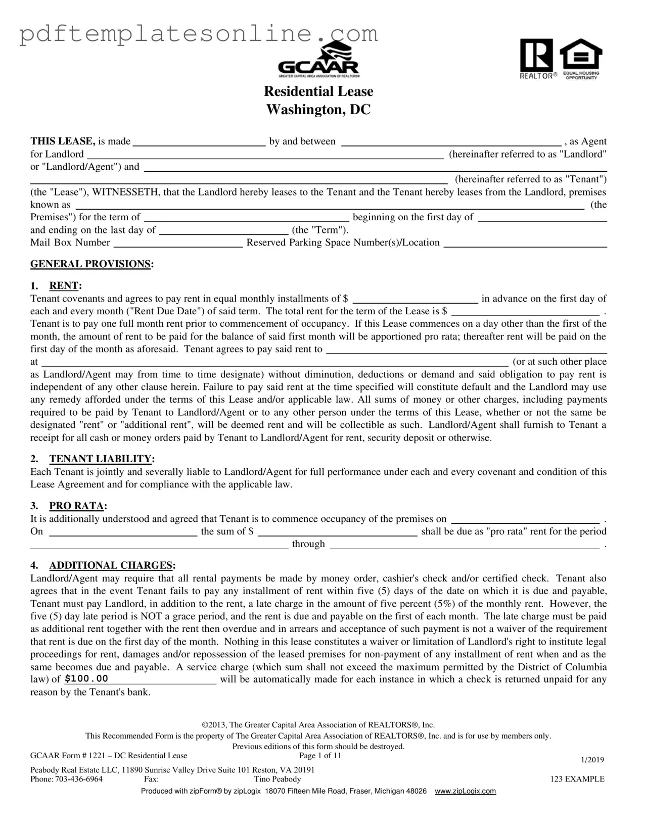 Blank Washington Dc Residential Lease Agreement Form