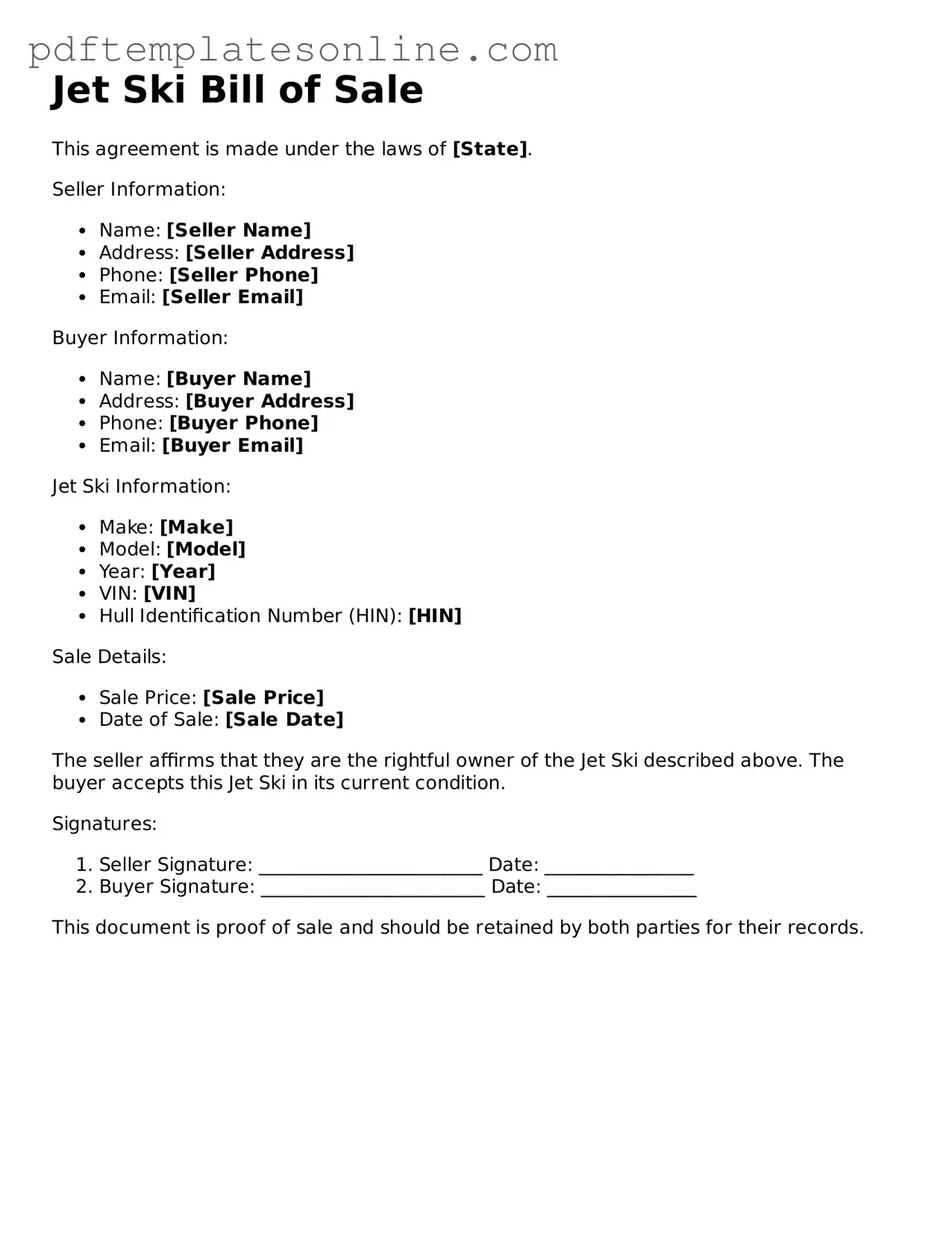 Fillable Jet Ski Bill of Sale Document