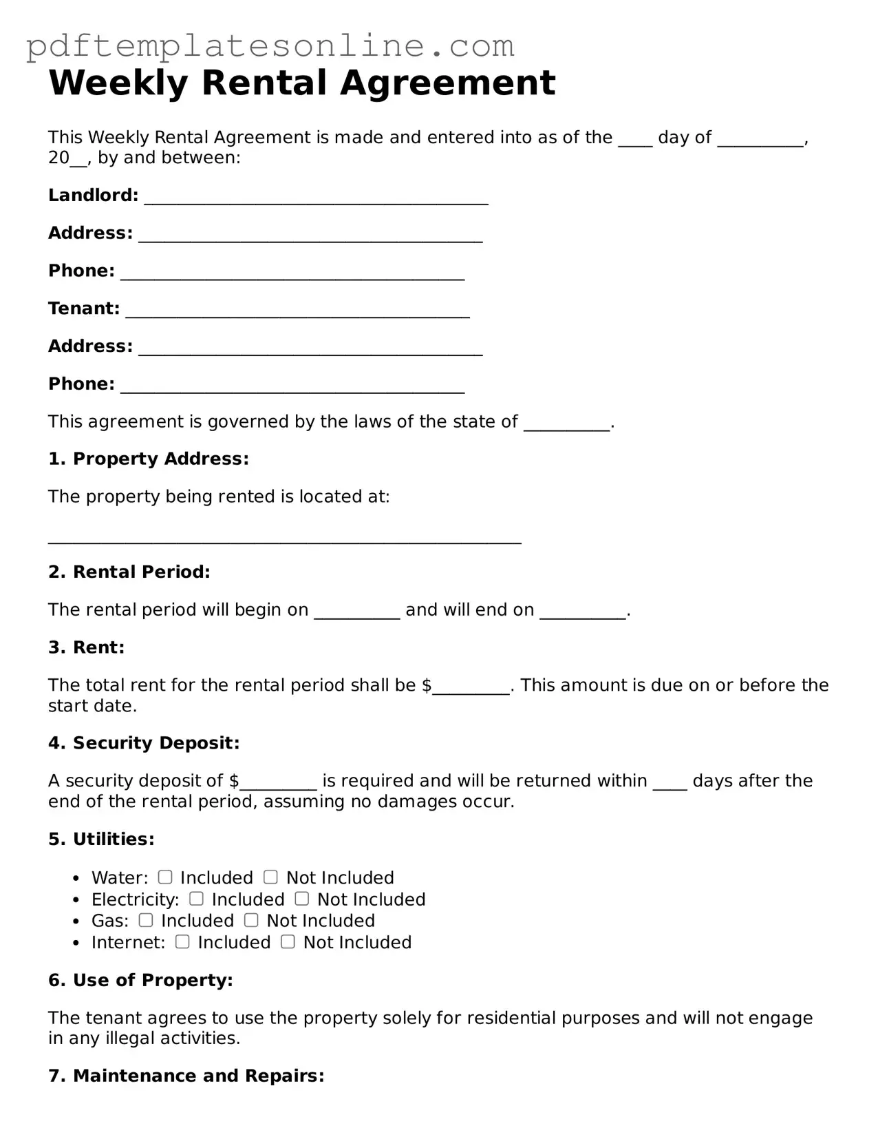 Fillable Weekly Rental Agreement Document