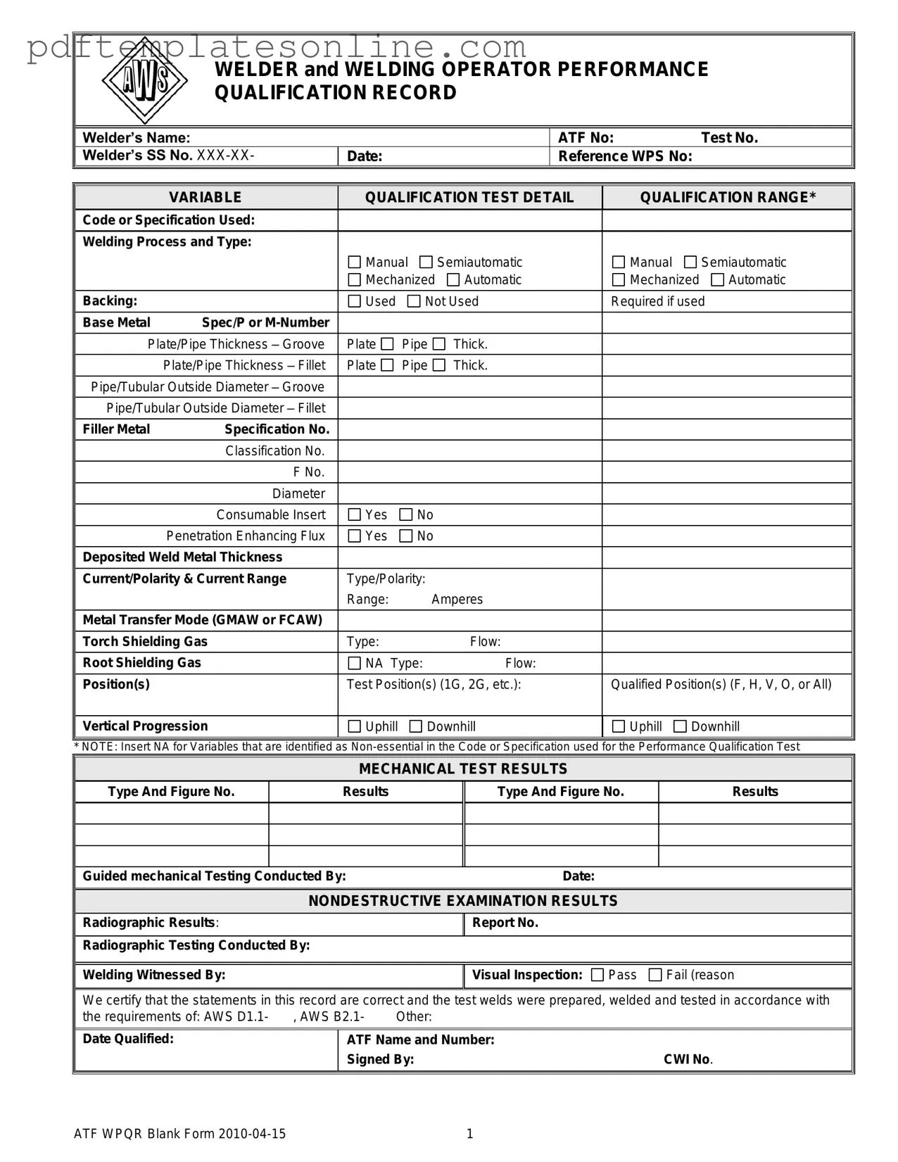 Blank Welder Performance Qualification Record Form