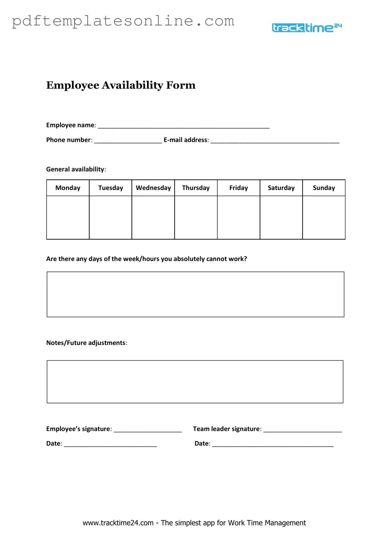 Blank Employee Availability Form