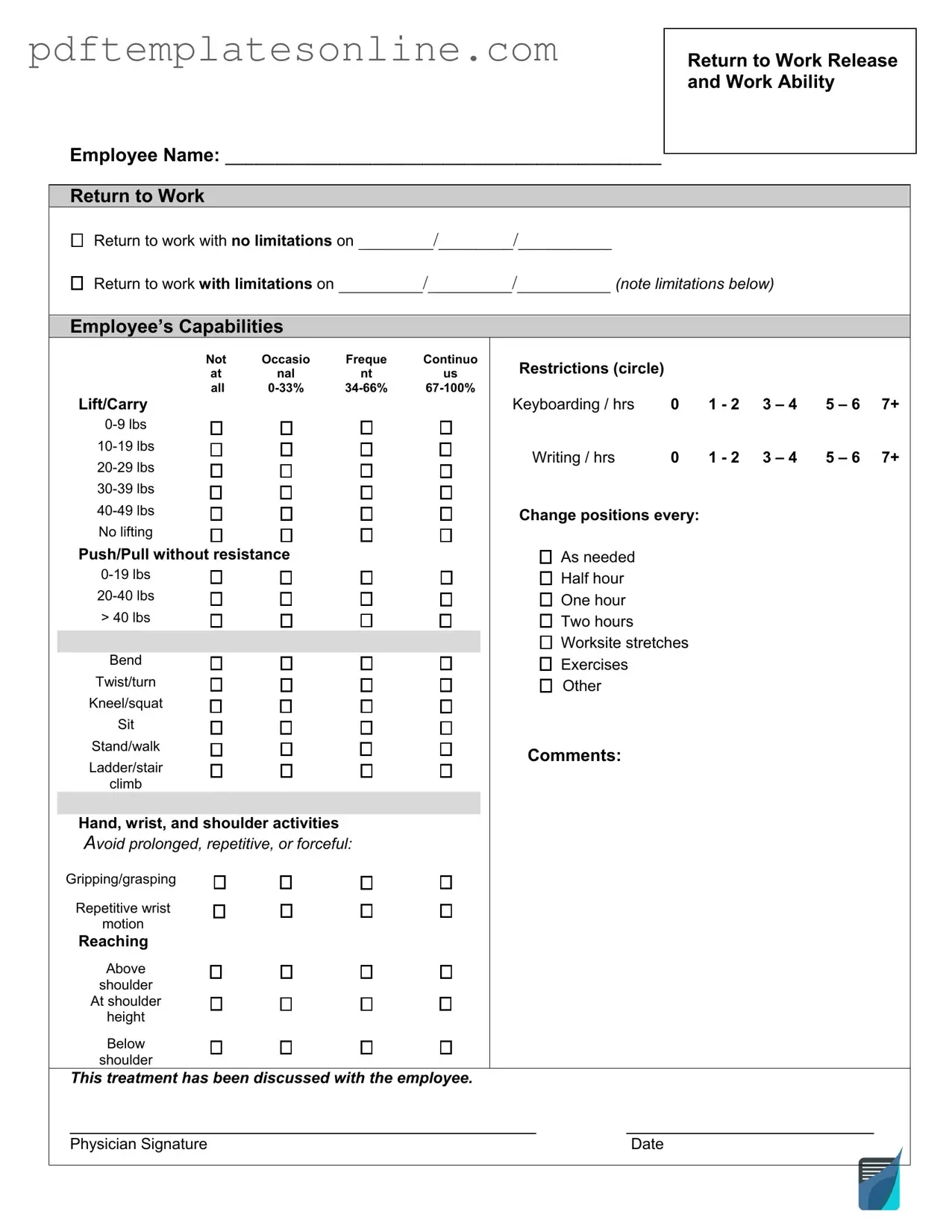 Blank Work Release Form