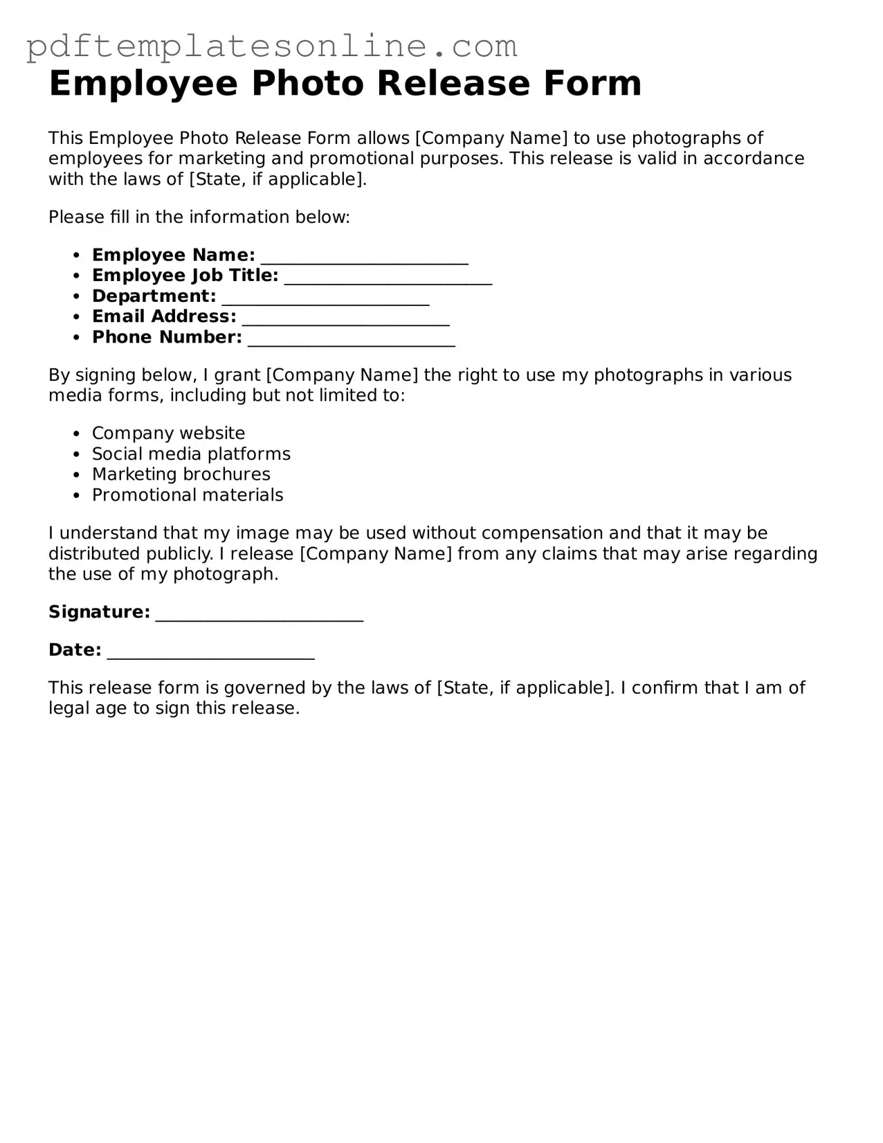 Fillable Employee Photo Release Document