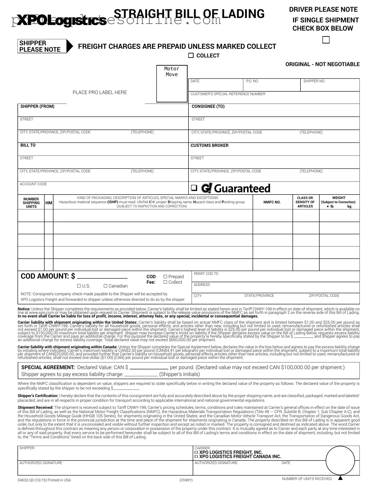 Blank Xpo Logistics Bill Of Lading Form