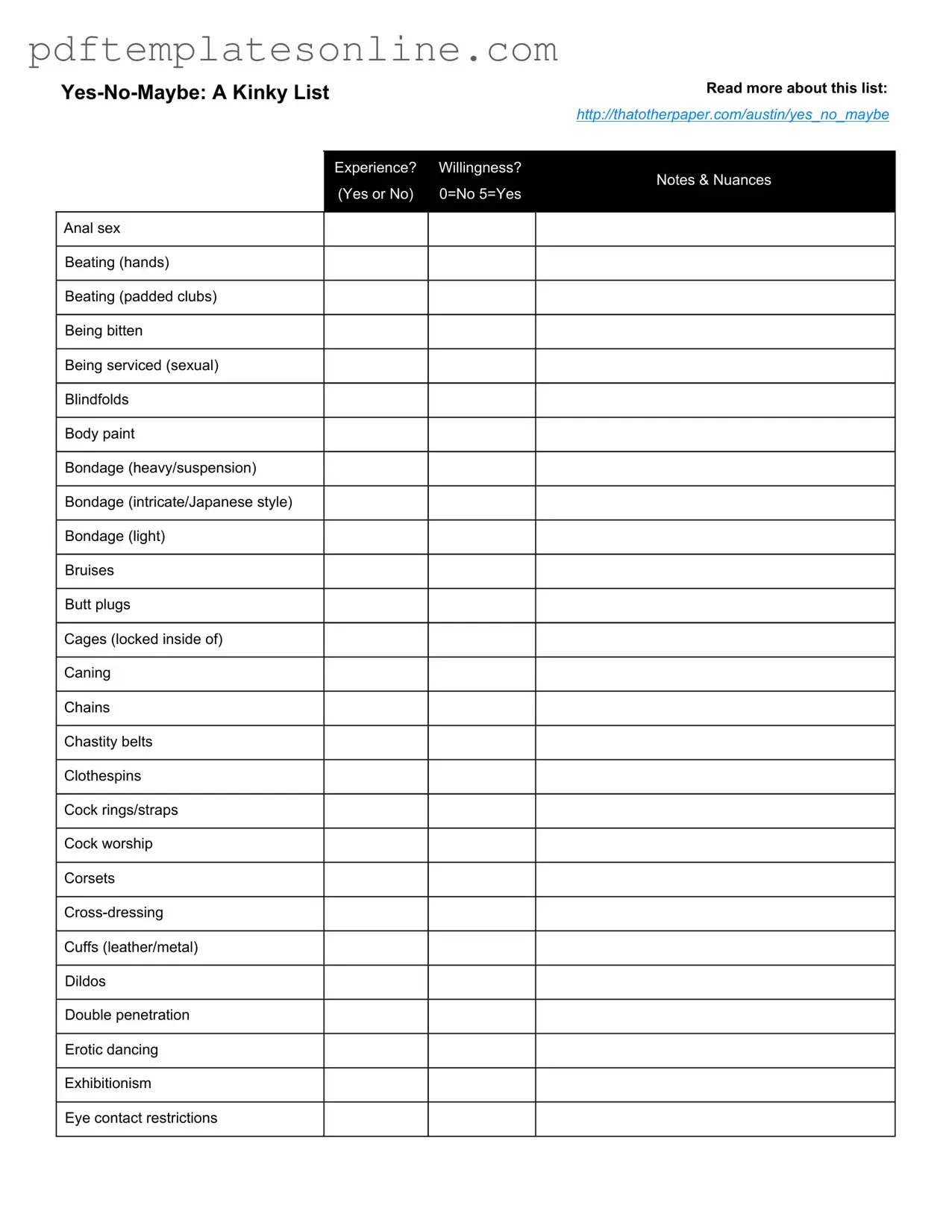 Blank Yes No Maybe List Form