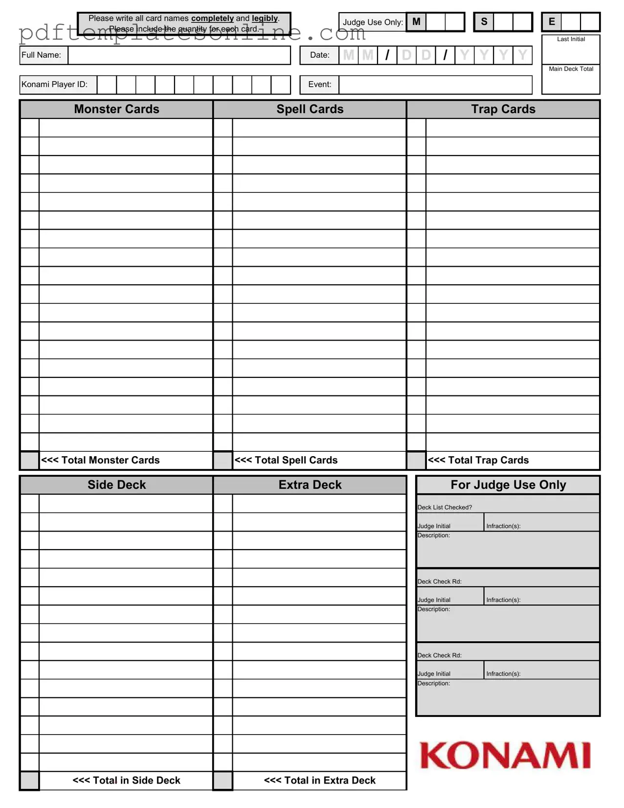 Blank Konami Decklist Form